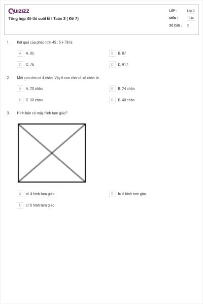 Tổng hợp đề thi cuối kì I Toán 3 ( Đề 7)