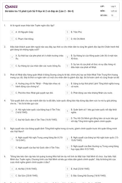 Đề kiểm tra 15 phút Lịch Sử 9 Học kì 2 có đáp án (Lần 2 - Đề 4)