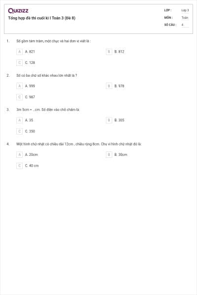 Tổng hợp đề thi cuối kì I Toán 3 (Đề 8)