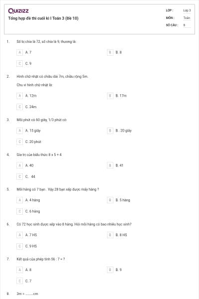 Tổng hợp đề thi cuối kì I Toán 3 (Đề 10)