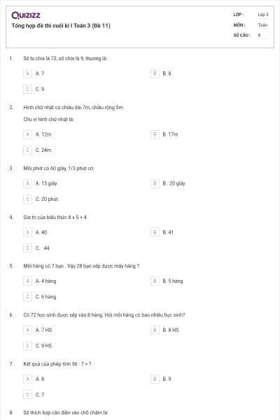 Tổng hợp đề thi cuối kì I Toán 3 (Đề 11)