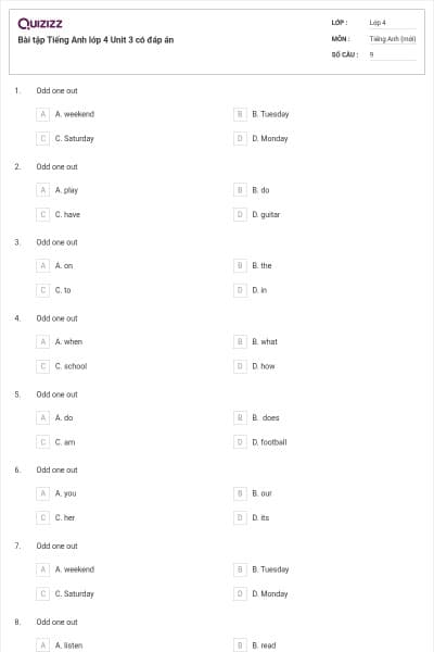 Bài tập Tiếng Anh lớp 4 Unit 3 có đáp án