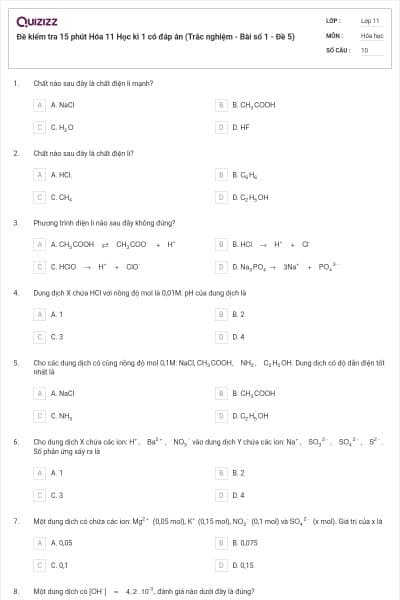 Đề kiểm tra 15 phút Hóa 11 Học kì 1 có đáp án (Trắc nghiệm - Bài số 1 - Đề 5)