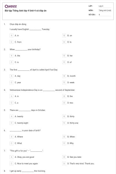 Bài tập Tiếng Anh lớp 4 Unit 4 có đáp án