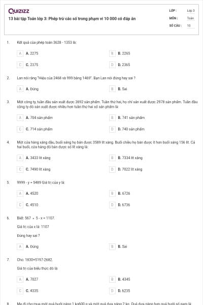 13 bài tập Toán lớp 3: Phép trừ các số trong phạm vi 10 000 có đáp án
