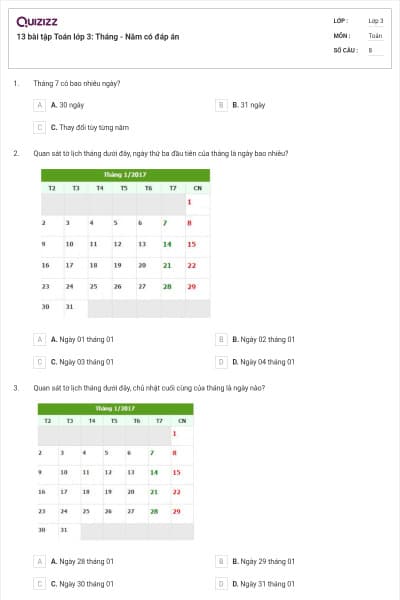 13 bài tập Toán lớp 3: Tháng - Năm có đáp án