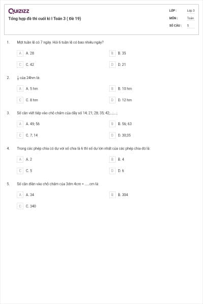 Tổng hợp đề thi cuối kì I Toán 3 ( Đề 19)