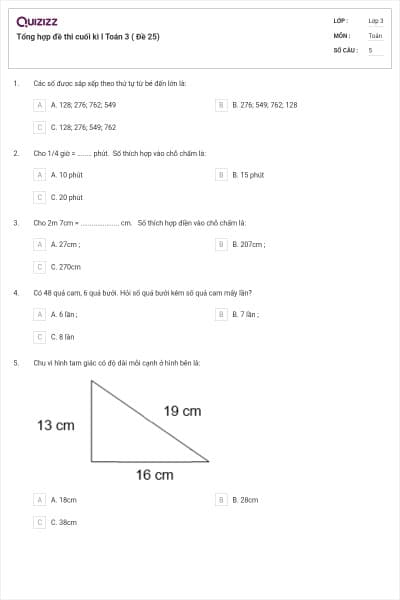 Tổng hợp đề thi cuối kì I Toán 3 ( Đề 25)