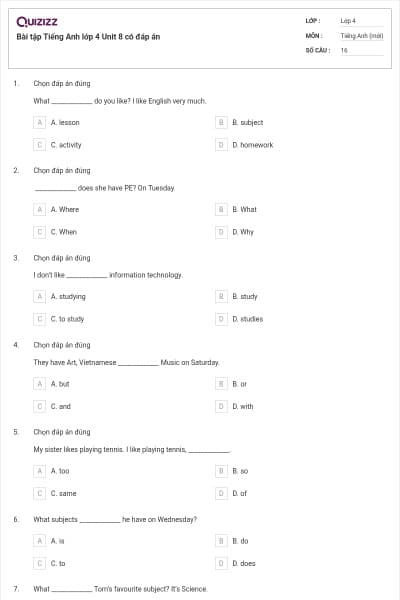 Bài tập Tiếng Anh lớp 4 Unit 8 có đáp án