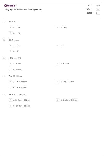 Tổng hợp đề thi cuối kì I Toán 3 ( Đề 29)
