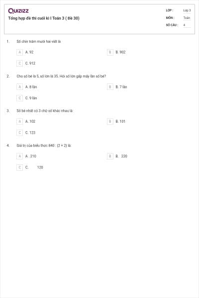 Tổng hợp đề thi cuối kì I Toán 3 ( Đề 30)