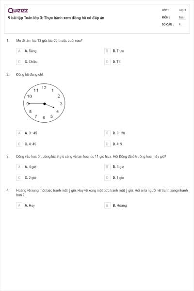 9 bài tập Toán lớp 3: Thực hành xem đồng hồ có đáp án