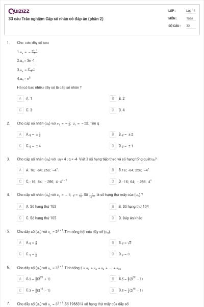 33 câu Trắc nghiệm Cấp số nhân có đáp án (phần 2)