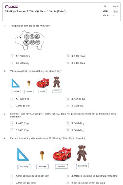 10 bài tập Toán lớp 3: Tiền Việt Nam có đáp án (Phần 1)