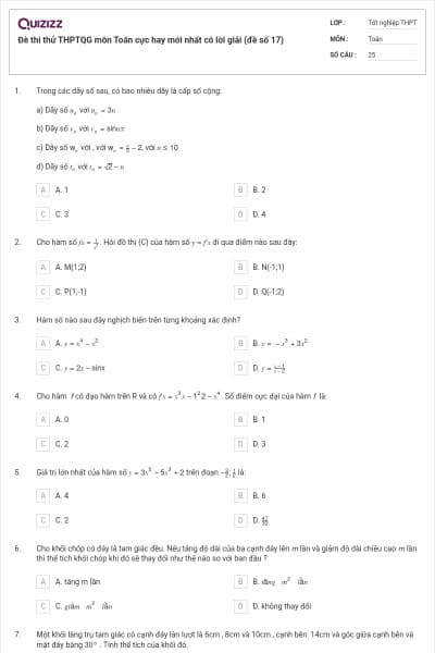 Đè thi thử THPTQG môn Toán cực hay mới nhất có lời giải (đề số 17)