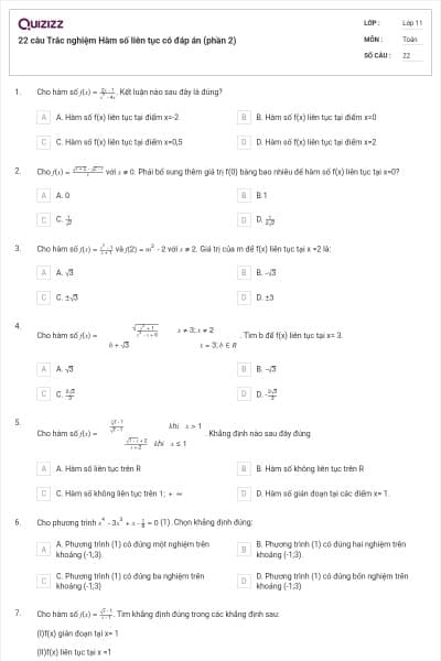 22 câu Trắc nghiệm Hàm số liên tục có đáp án (phần 2)