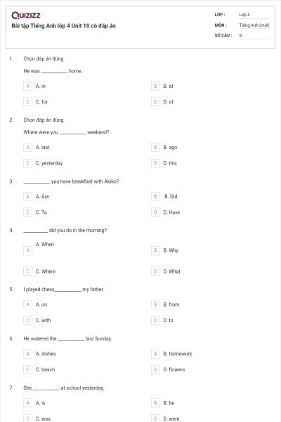 Bài tập Tiếng Anh lớp 4 Unit 10 có đáp án