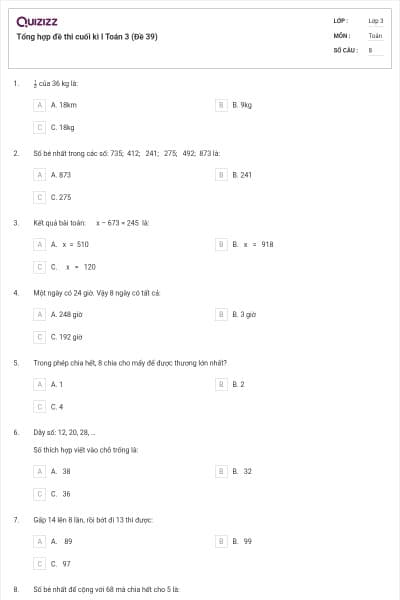 Tổng hợp đề thi cuối kì I Toán 3 (Đề 39)