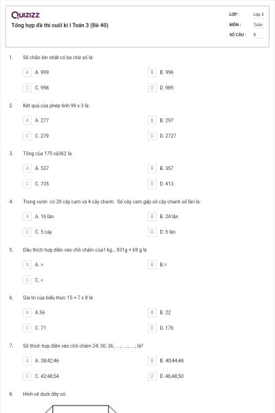 Tổng hợp đề thi cuối kì I Toán 3 (Đề 40)