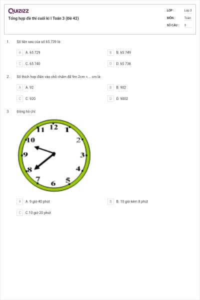 Tổng hợp đề thi cuối kì I Toán 3 (Đề 42)