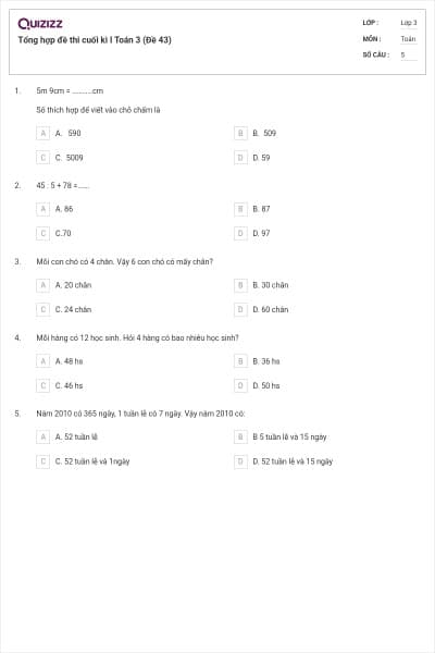 Tổng hợp đề thi cuối kì I Toán 3 (Đề 43)