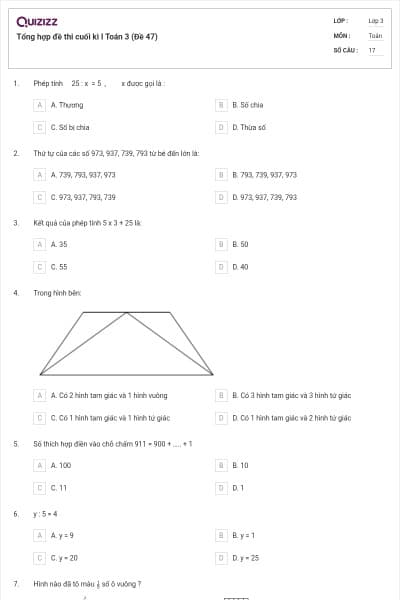 Tổng hợp đề thi cuối kì I Toán 3 (Đề 47)
