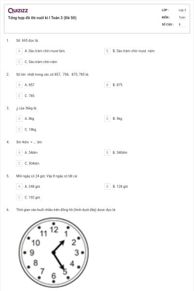 Tổng hợp đề thi cuối kì I Toán 3 (Đề 50)