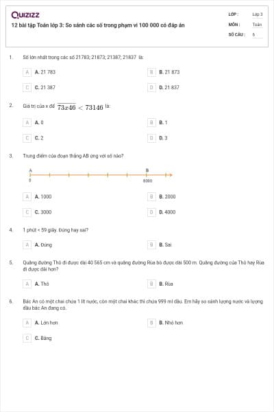 12 bài tập Toán lớp 3: So sánh các số trong phạm vi 100 000 có đáp án