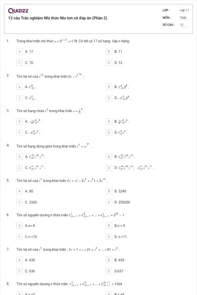 12 câu Trắc nghiệm Nhị thức Niu tơn có đáp án (Phần 2)