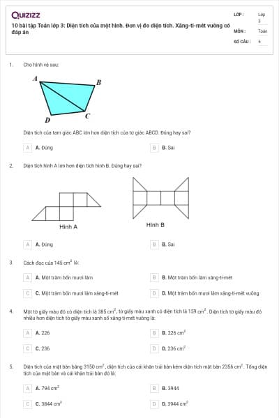 10 bài tập Toán lớp 3: Diện tích của một hình. Đơn vị đo diện tích. Xăng-ti-mét vuông có đáp án