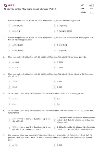 13 câu Trắc nghiệm Phép thử và biến cố có đáp án (Phần 2)