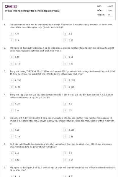 19 câu Trắc nghiệm Quy tắc đếm có đáp án (Phần 2)