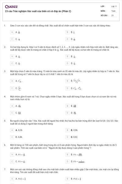 23 câu Trắc nghiệm Xác suất của biến cố có đáp án (Phần 2)