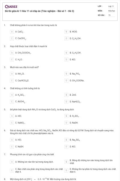 Đề thi giữa kì 1  Hóa 11 có đáp án (Trắc nghiệm - Bài số 1 - Đề 3)