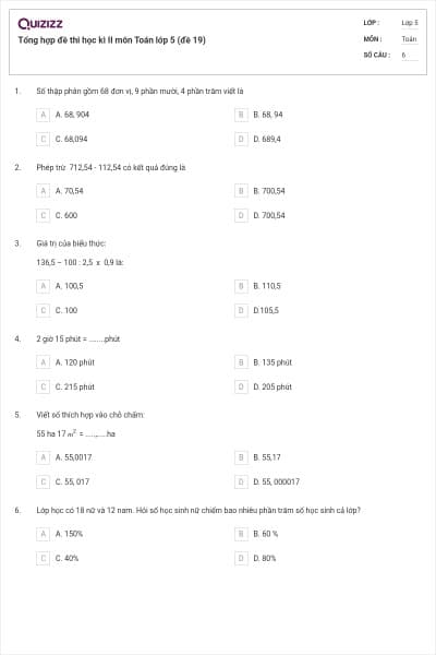 Tổng hợp đề thi học kì II môn Toán lớp 5 (đề 19)