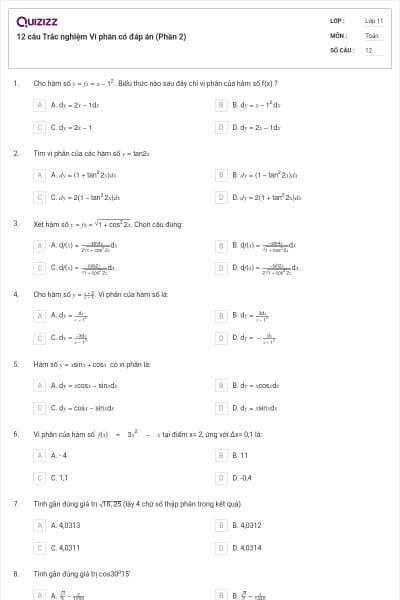 12 câu Trắc nghiệm Vi phân có đáp án (Phần 2)