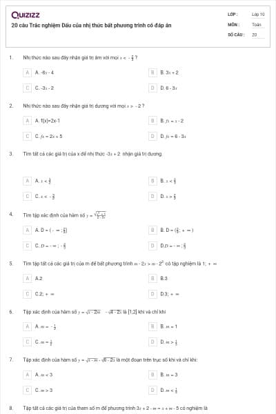 20 câu Trắc nghiệm Dấu của nhị thức bất phương trình có đáp án