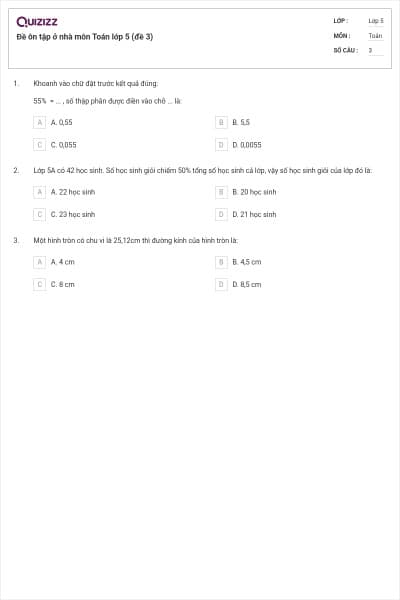 Đề ôn tập ở nhà môn Toán lớp 5 (đề 3)