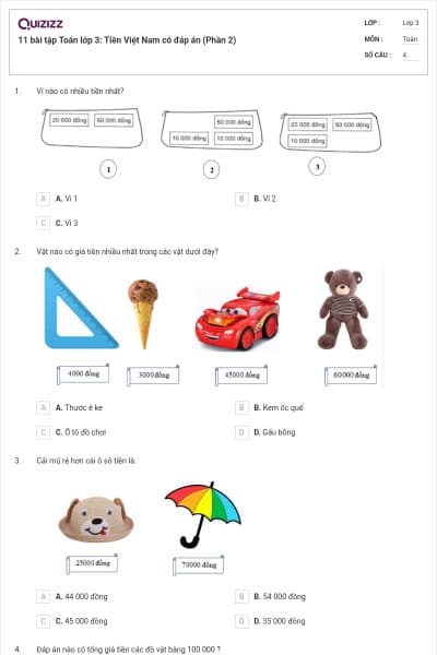 11 bài tập Toán lớp 3: Tiền Việt Nam có đáp án (Phần 2)