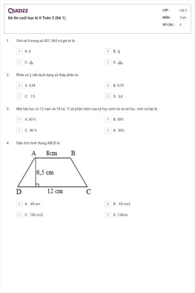 Đề thi cuối học kì II Toán 3 (Đề 1)