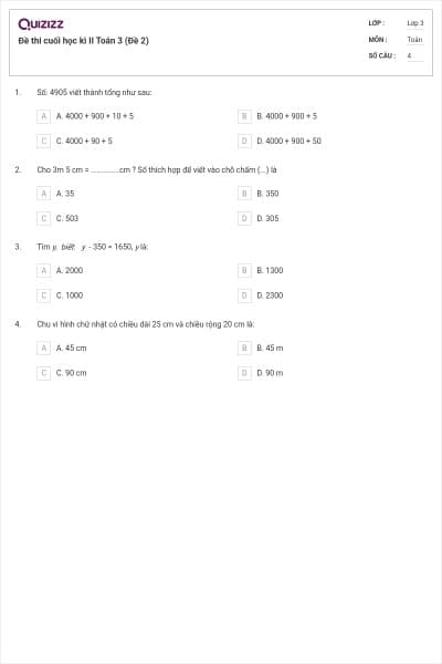 Đề thi cuối học kì II Toán 3  (Đề 2)