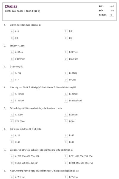Đề thi cuối học kì II Toán 3 (Đề 3)