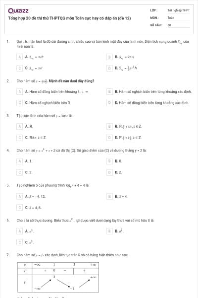 Tổng hợp 20 đề thi thử THPTQG môn Toán cực hay có đáp án (đề 12)