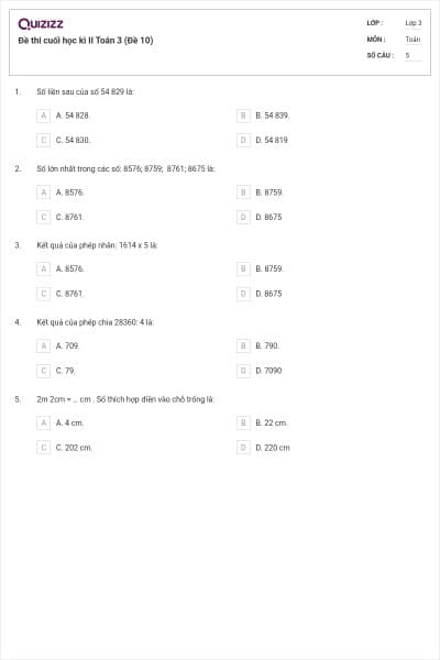 Đề thi cuối học kì II Toán 3 (Đề 10)