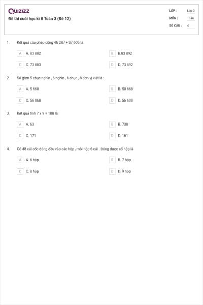 Đề thi cuối học kì II Toán 3 (Đề 12)