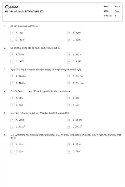 Đề thi cuối học kì II Toán 3 (Đề 17)