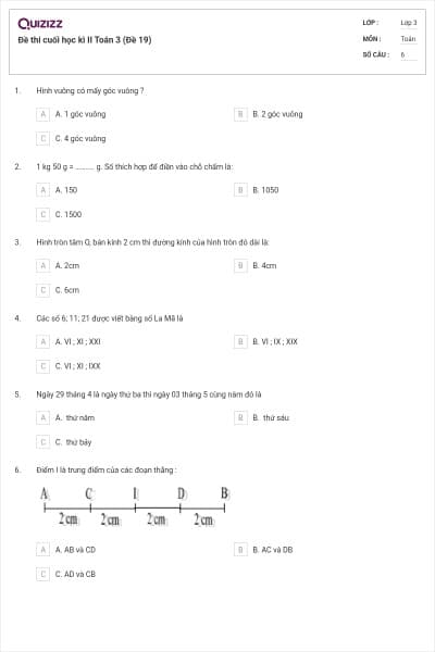 Đề thi cuối học kì II Toán 3 (Đề 19)