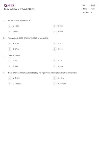 Đề thi cuối học kì II Toán 3 (Đề 21)