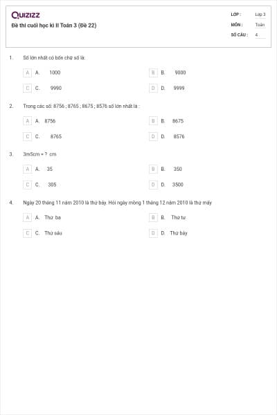Đề thi cuối học kì II Toán 3 (Đề 22)