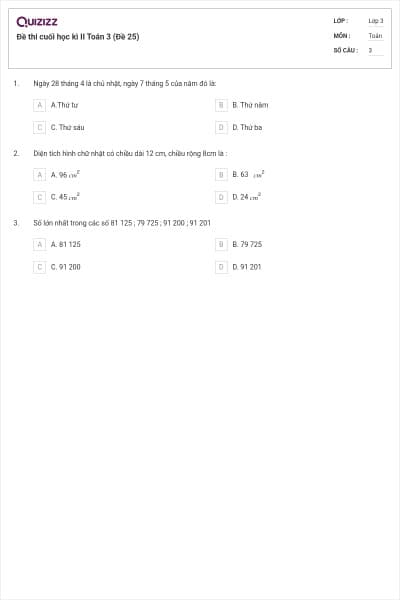 Đề thi cuối học kì II Toán 3 (Đề 25)